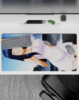 32x16 inches kawaii desk mat with lavender eyes, dark blue hair, white dress, soft shy vibe.