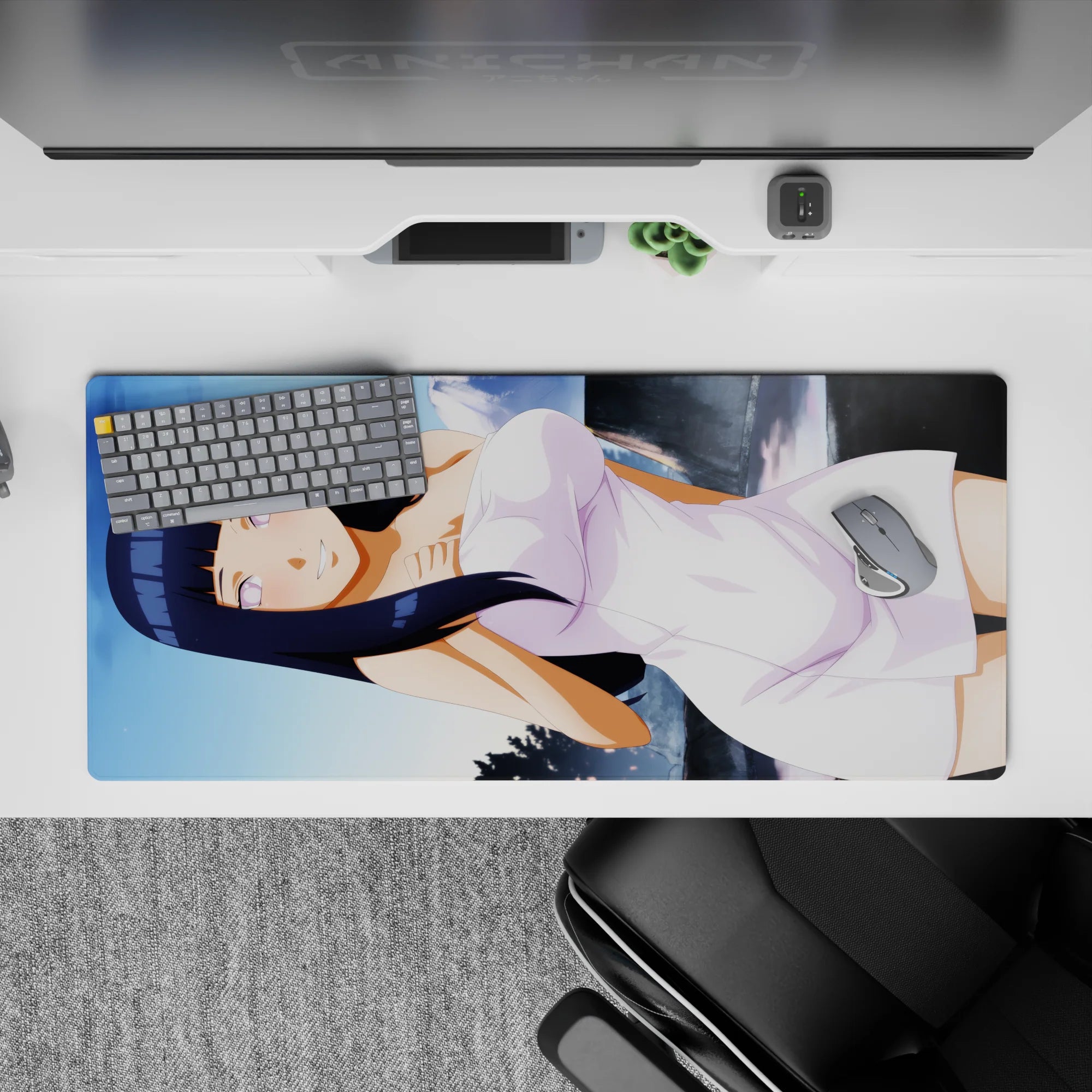 Lavender eyes, dark blue hair, and clean white dress on a soft anime girl desk pad 36x16 inches.