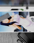 40x20 inches anime desk pad in soft lavender and navy tones, gentle shy vibe, glossy highlights.