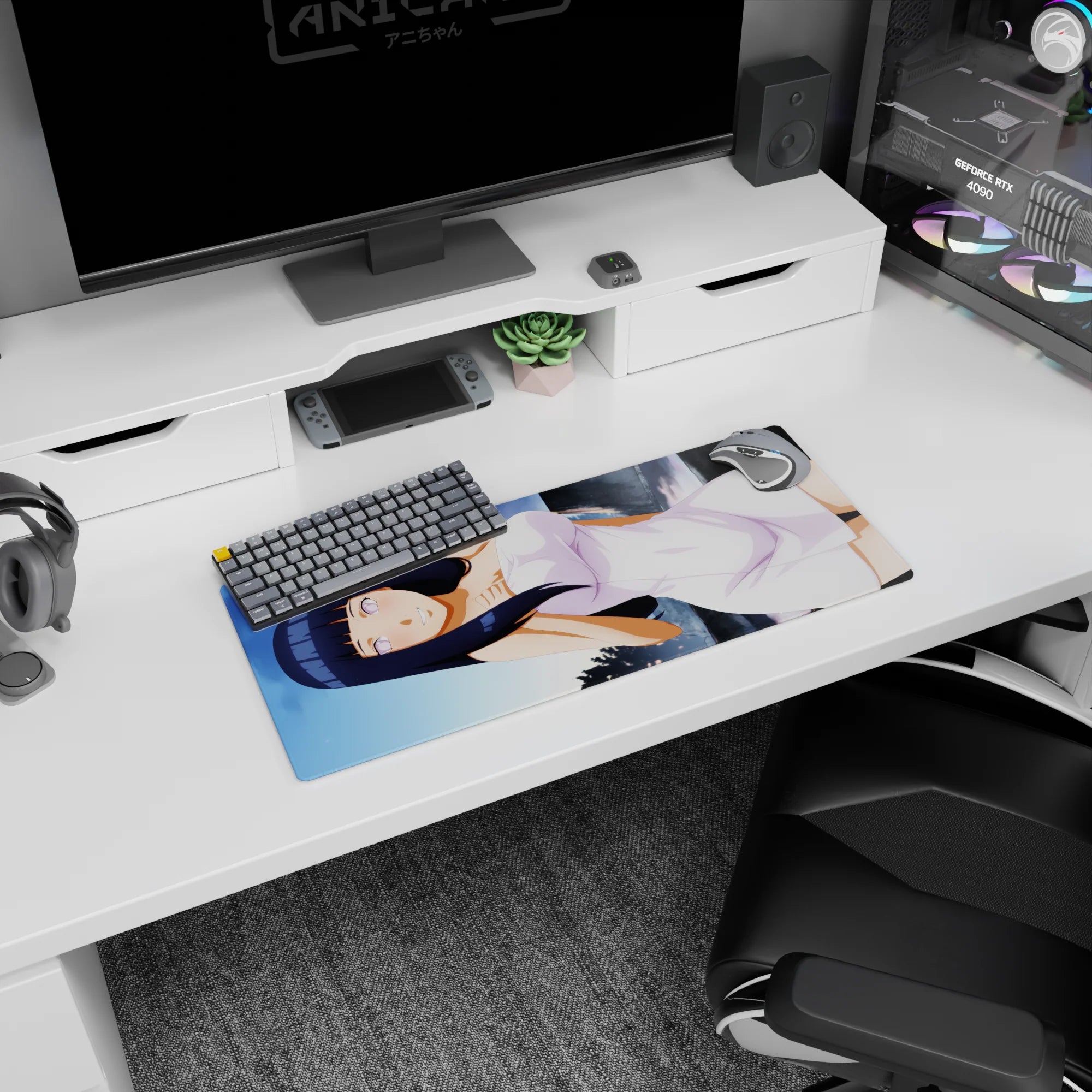 28x12 inches Naruto Hinata Hyuga mouse pad, lavender eyes and white dress posed across the desk.