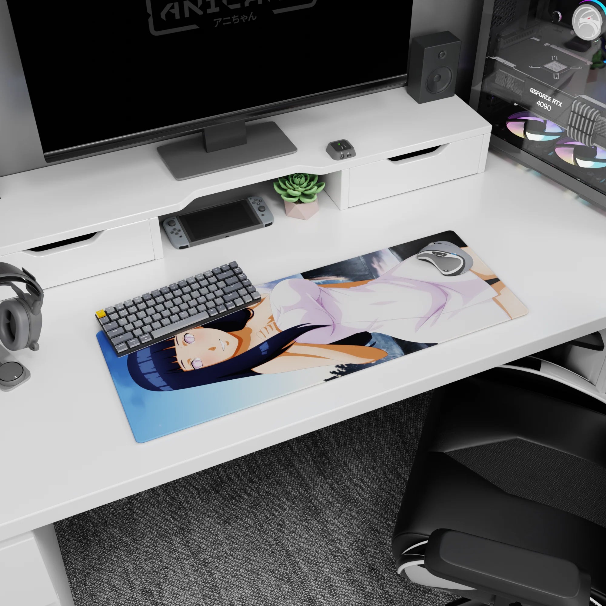 32x12 inches Hinata Hyuga Naruto mouse pad showing her lounging across the desk, gentle crush energy.