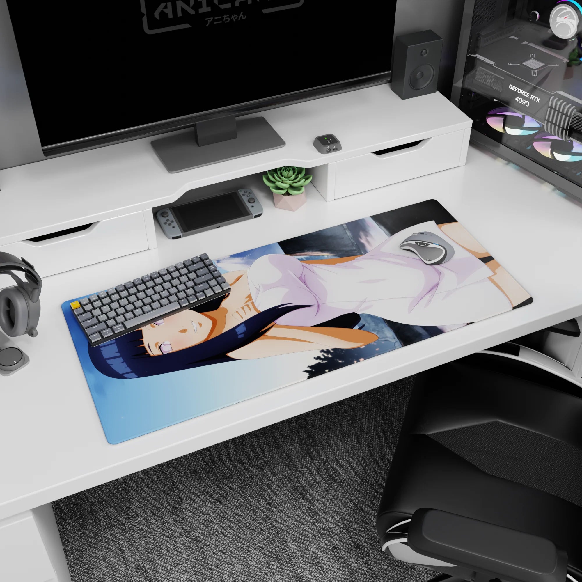Naruto Hinata Hyuga mouse pad 36x16 inches with shy pose, glossy highlights, and warm skin tones.