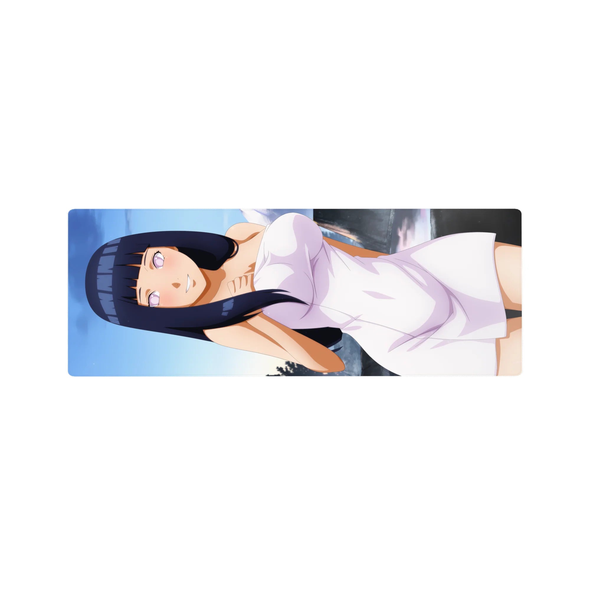 32x12 inches anime girl mouse pad featuring Hinata-style anime art lounging in a white dress, glossy finish.