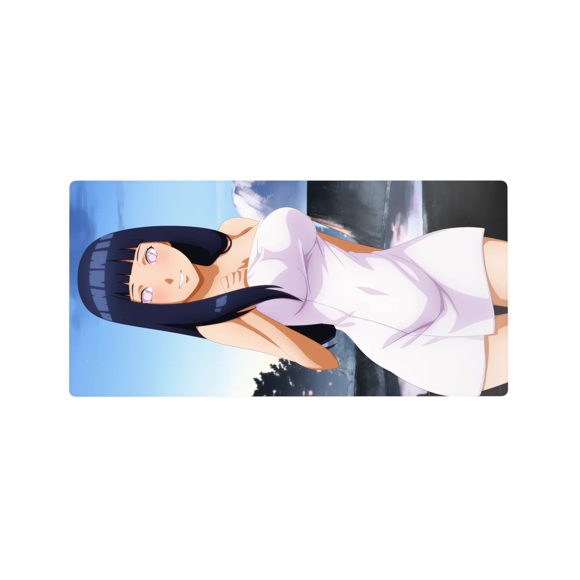 32x16 inches anime girl mouse pad with Hinata lounging pose, glossy highlights, smooth desk mat.