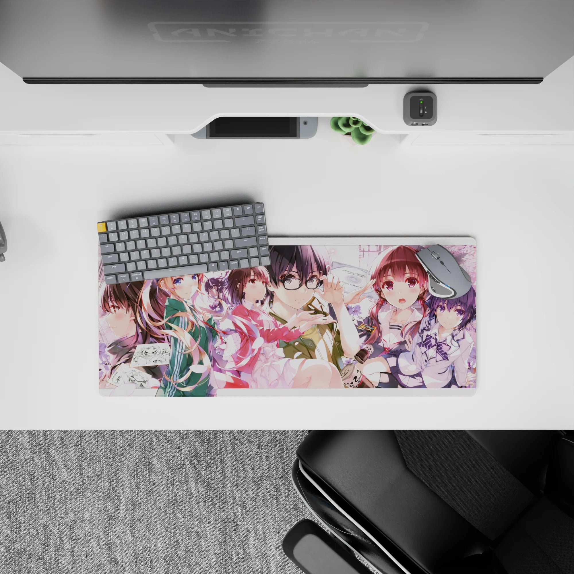 28x12 inches anime girl mouse pad in soft pinks and violets, cozy romantic vibe, warm light and dreamy shadows.