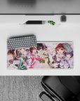 28x12 inches anime girl mouse pad in soft pinks and violets, cozy romantic vibe, warm light and dreamy shadows.