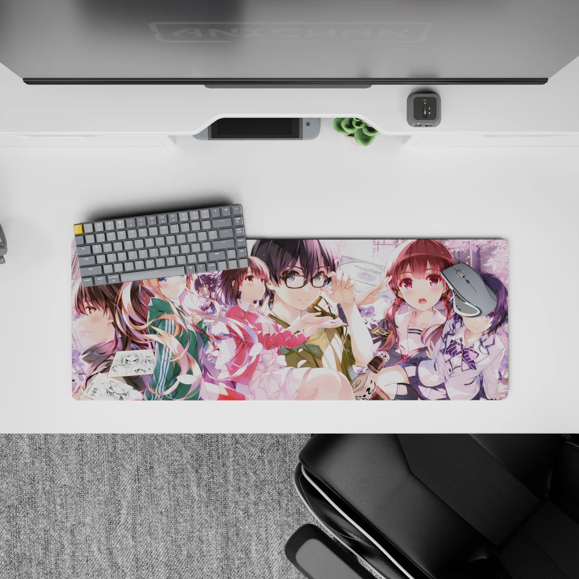 32x12 inches anime girl mouse pad in soft pinks and violets, dreamy romance vibe with warm light.
