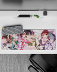32x12 inches anime girl mouse pad in soft pinks and violets, dreamy romance vibe with warm light.