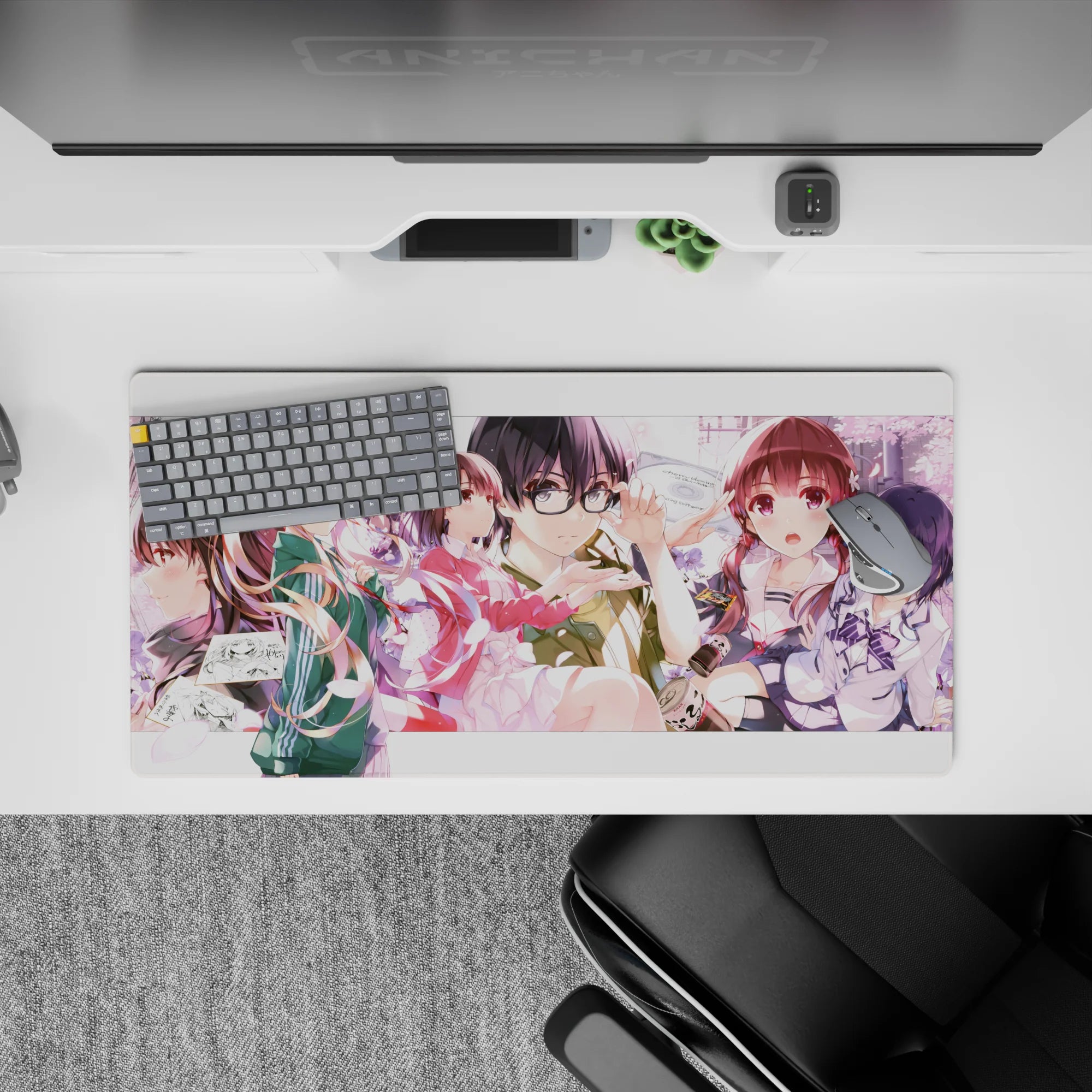 32x16 inches anime girl mouse pad in soft pink and violet tones, cozy romantic vibe with warm light and petals.