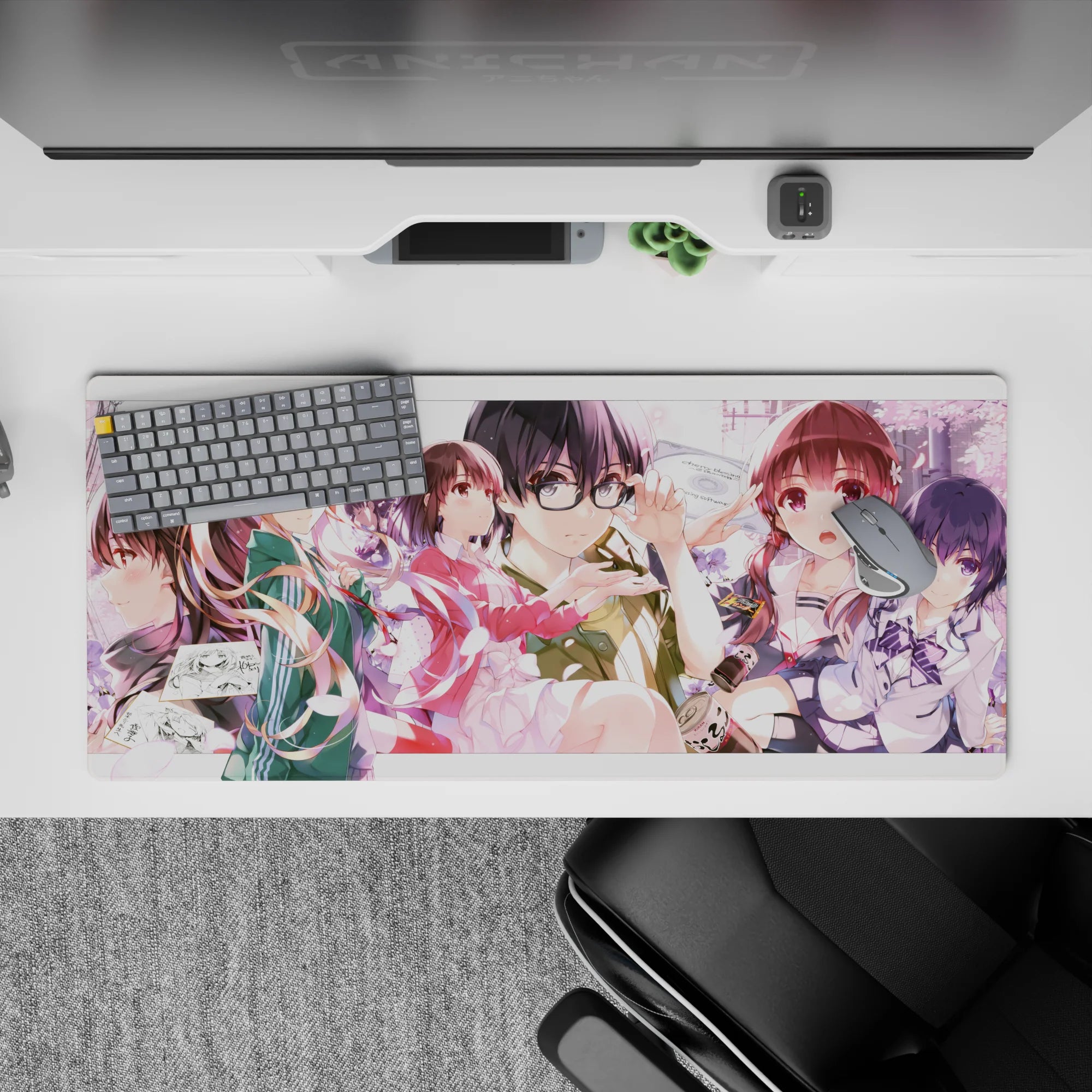 36x16 inches anime desk pad in soft pinks and violets, dreamy warm light, romantic vibe for gaming and work.
