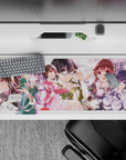 36x16 inches anime desk pad in soft pinks and violets, dreamy warm light, romantic vibe for gaming and work.