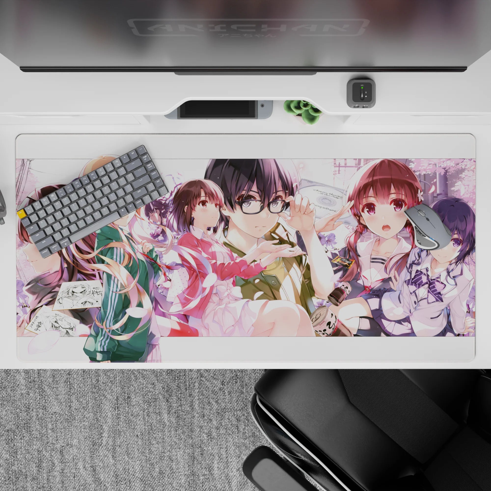 Pastel pink and violet anime girl desk pad 40x20 inches, dreamy romantic vibe with warm light and soft shadows.