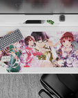 Pastel pink and violet anime girl desk pad 40x20 inches, dreamy romantic vibe with warm light and soft shadows.