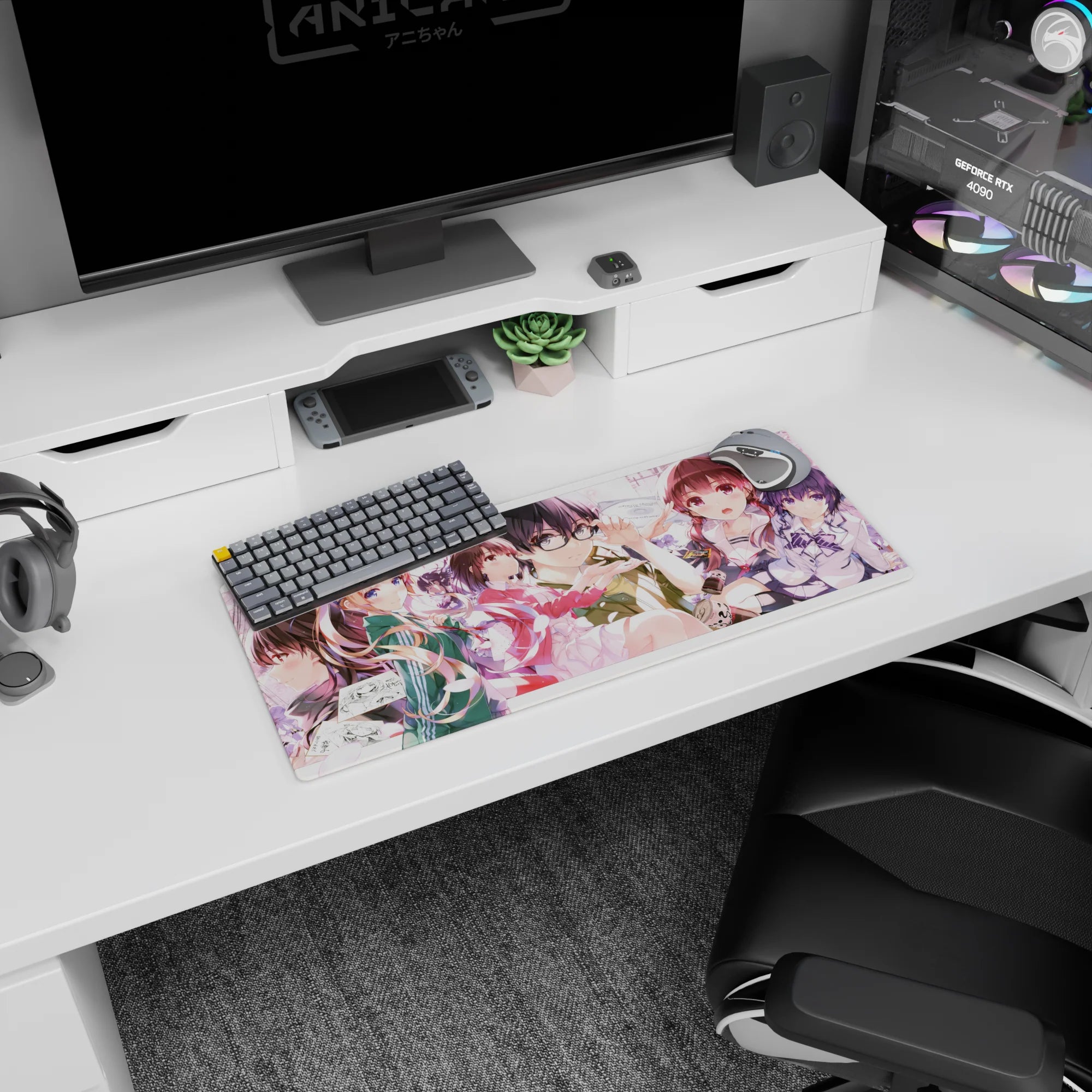 28x12 inches anime girl mouse pad featuring glasses-wearing heroine with friends, caught mid-pose under pink petals.