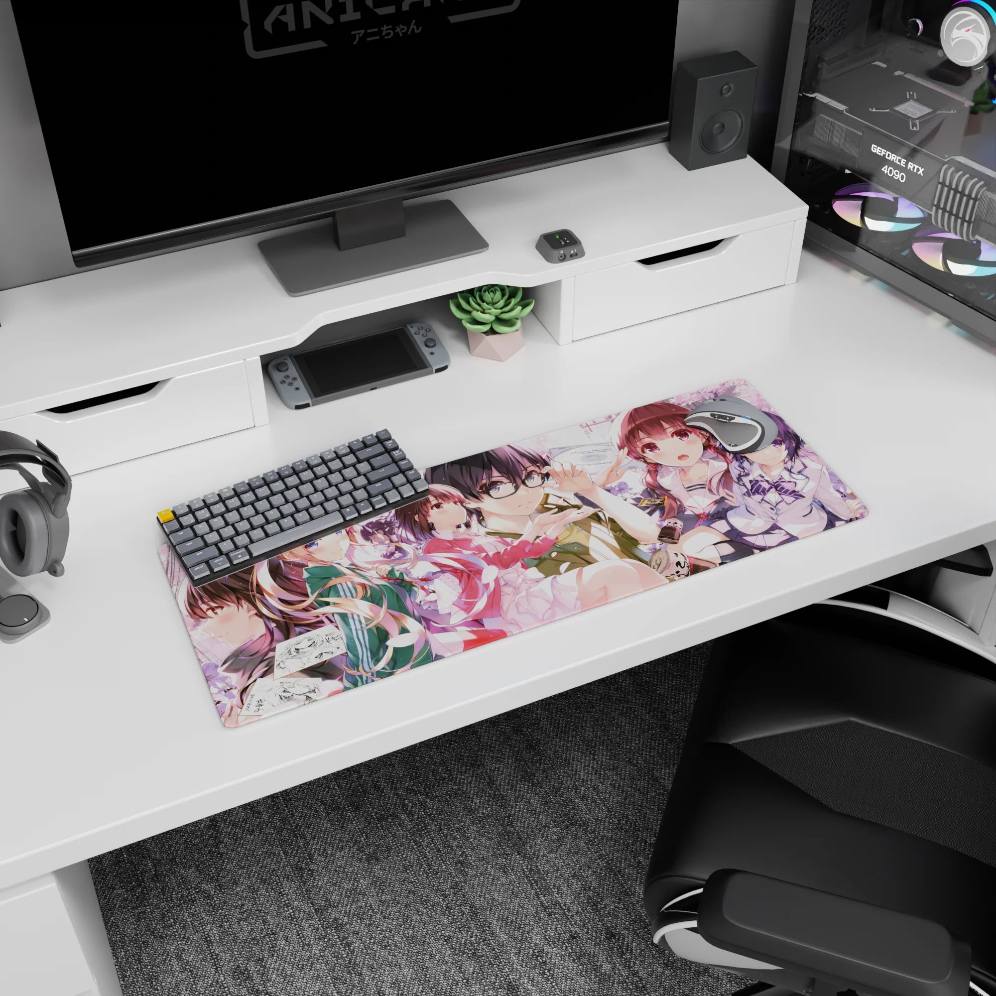 32x12 inches anime girl mouse pad featuring a bespectacled lead girl in a caught-in-the-moment pose.