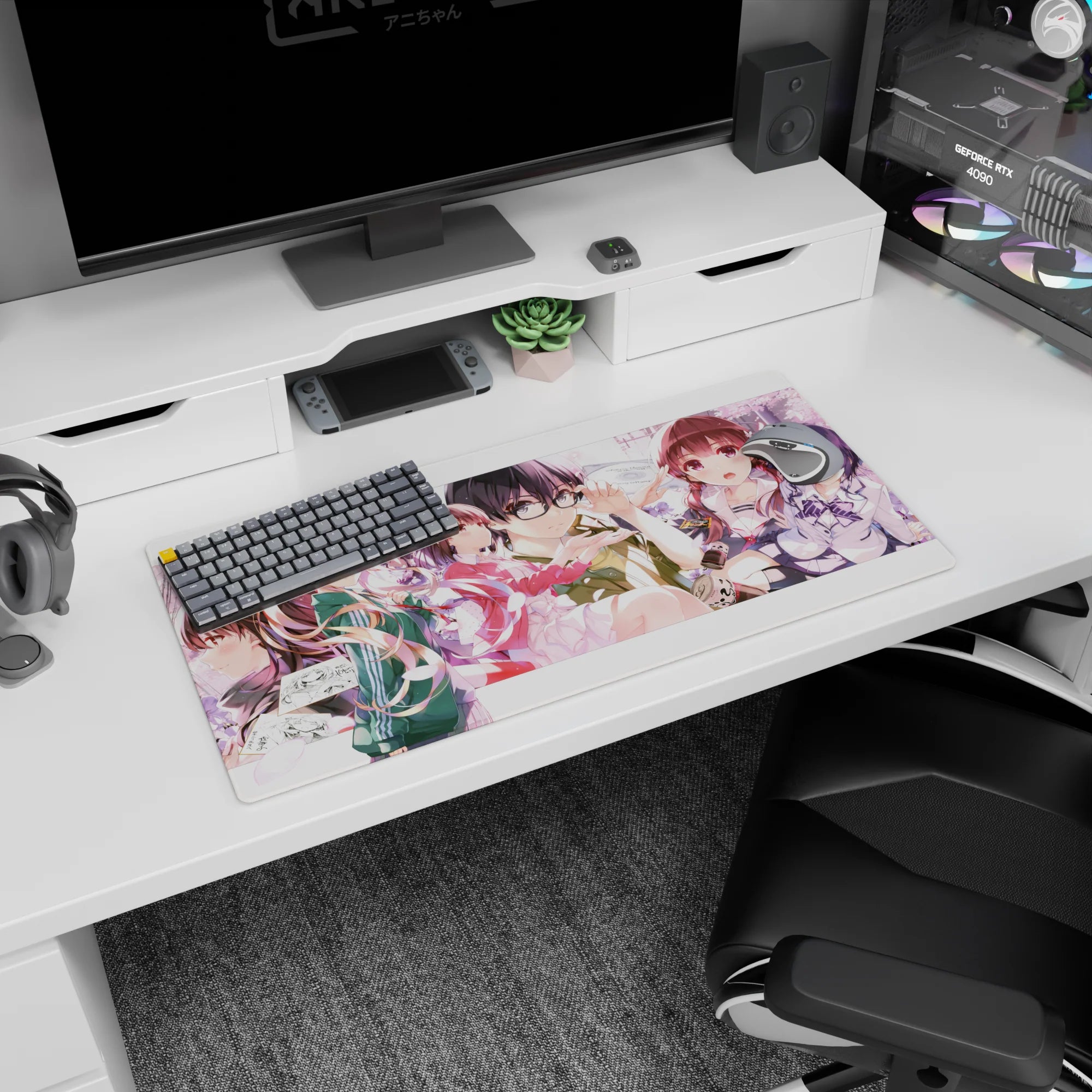 32x16 inches anime girl mouse pad featuring a glasses-wearing lead girl with glossy hair, blush cheeks, and friends.