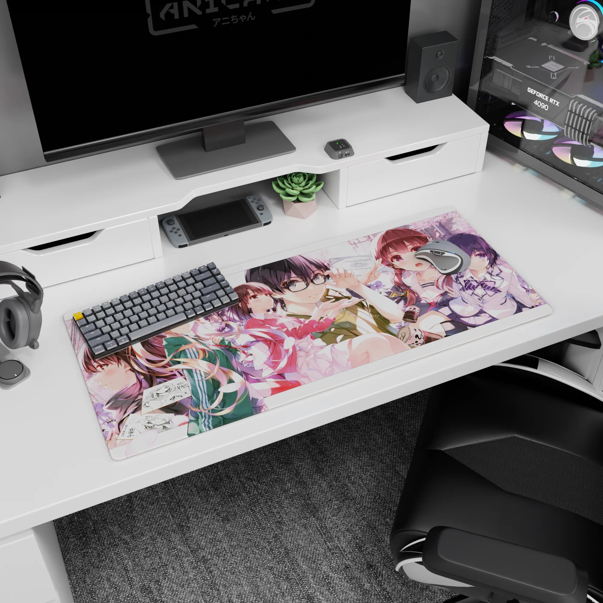 36x16 inches anime girl desk pad with bespectacled heroine, glossy hair and blush, friends behind in pastel skirts.