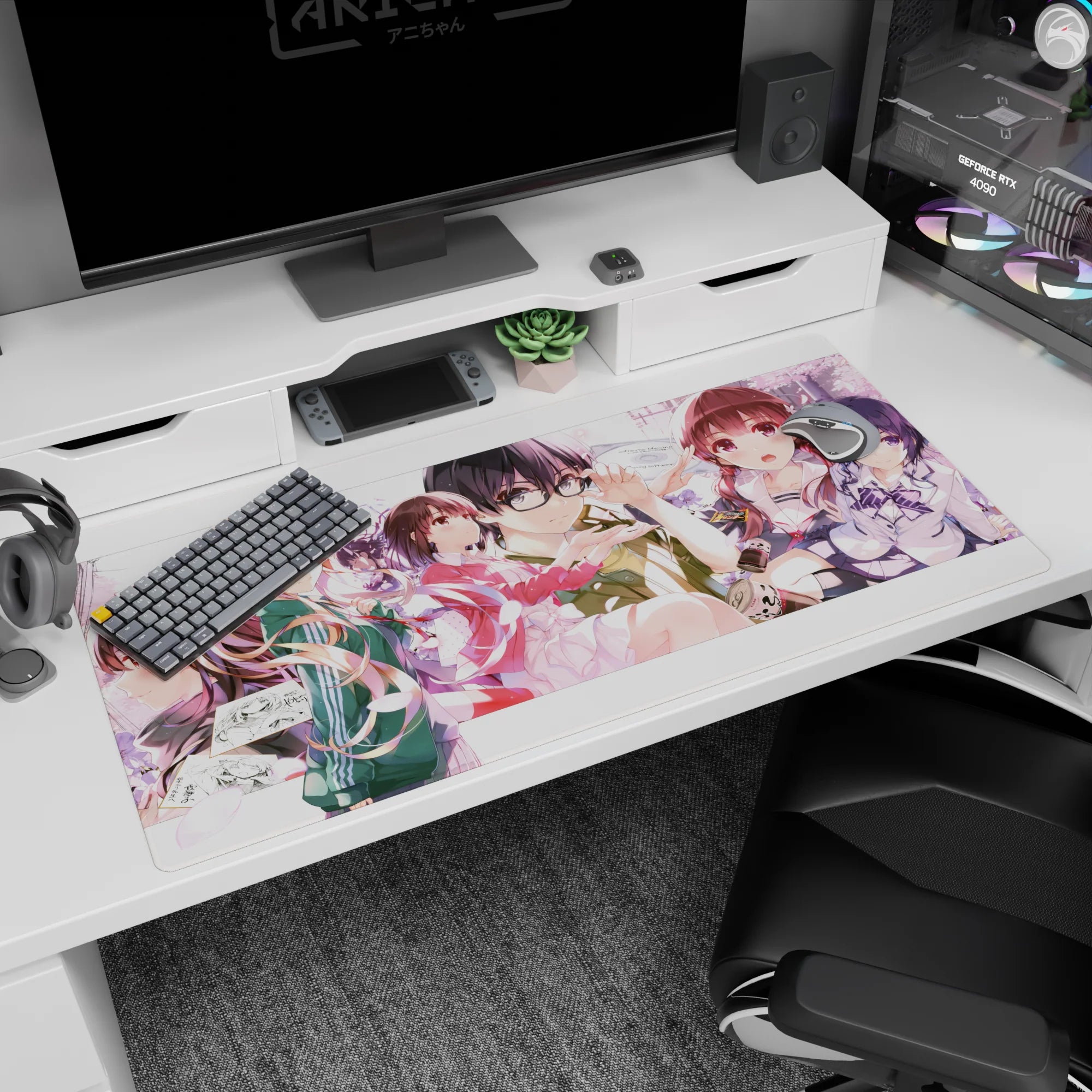 Glasses-wearing anime lead surrounded by sharp-eyed schoolgirls on a 40x20 inches desk pad, petals drifting.