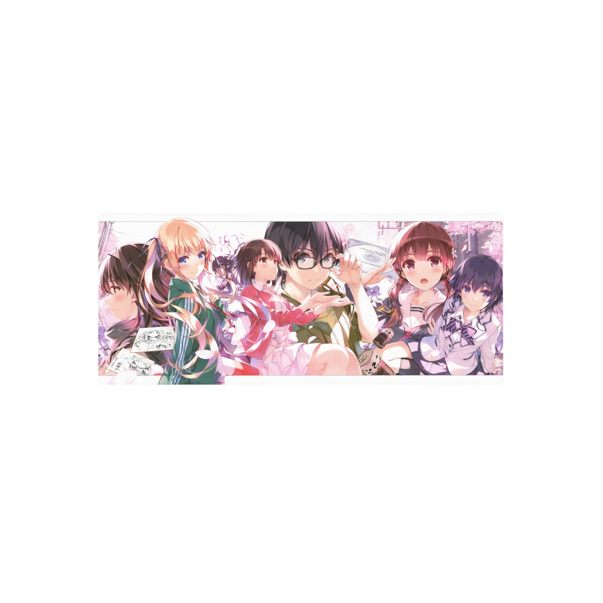 28x12 inches anime girl mouse pad with campus crew, bespectacled lead, petals, sailor ribbons and track stripes.