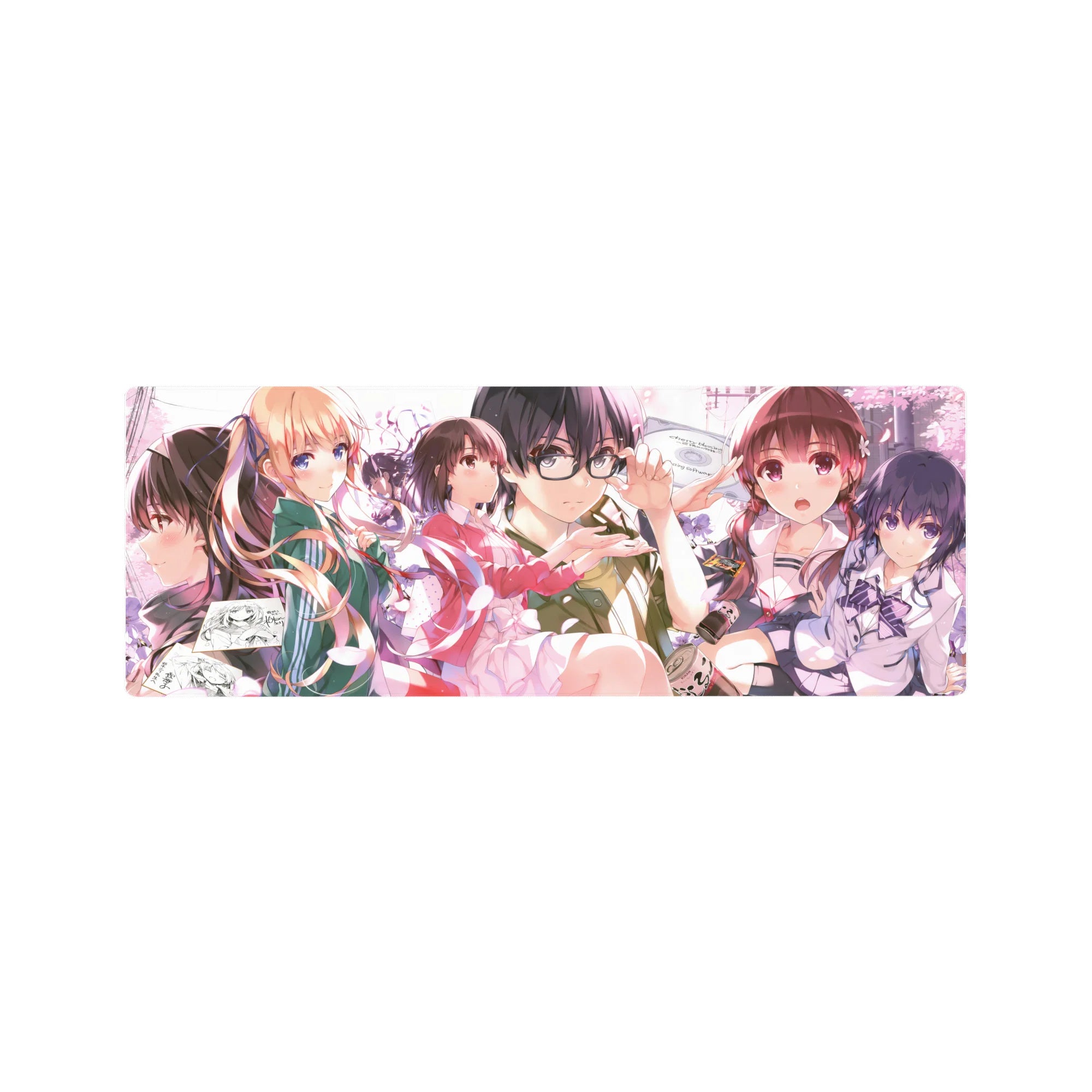 32x12 inches anime girl mouse pad with campus scene, petals, schoolgirl crew, and pastel uniforms.