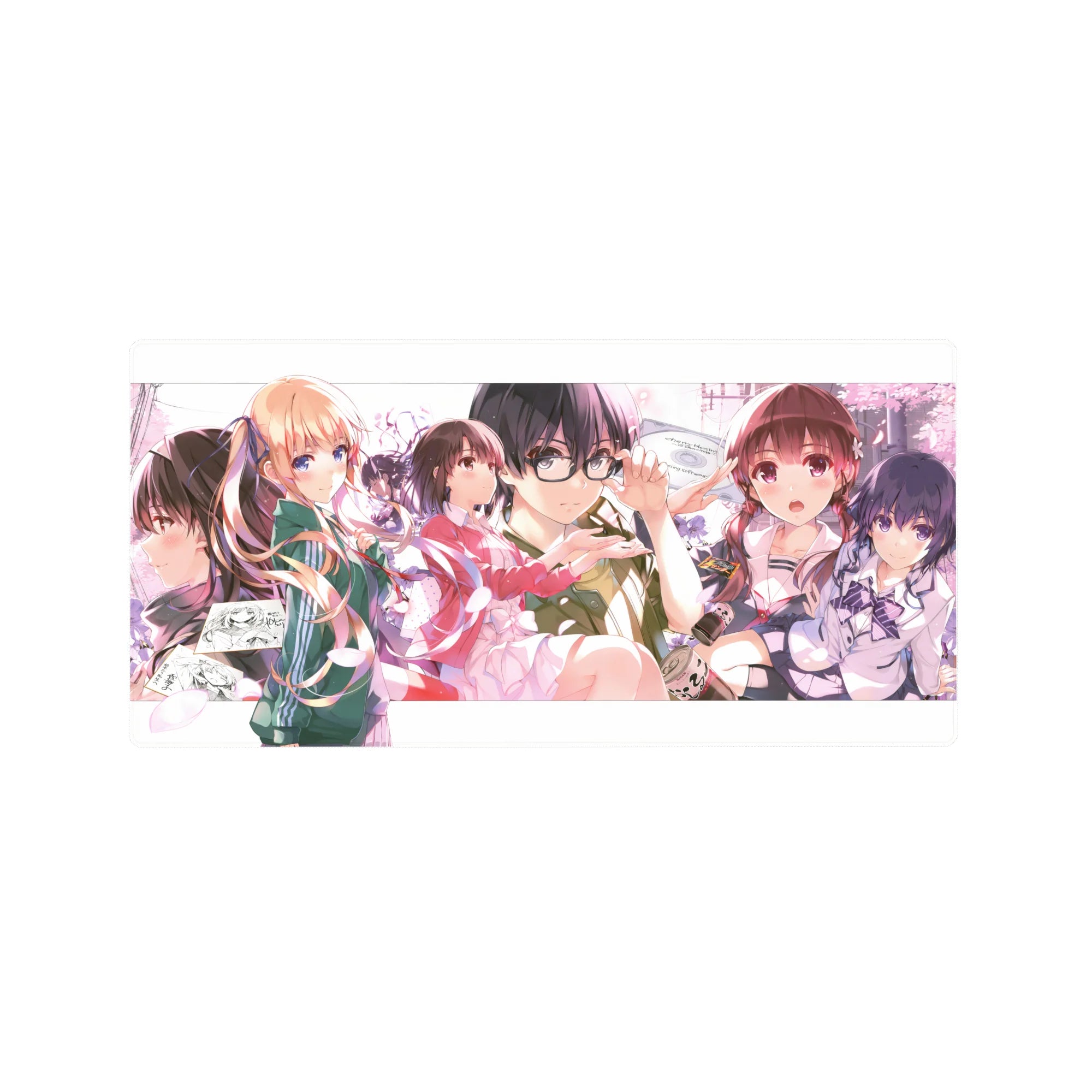 32x16 inches anime girl mouse pad with dreamy campus scene, pink petals, schoolgirl crew, and track jackets.