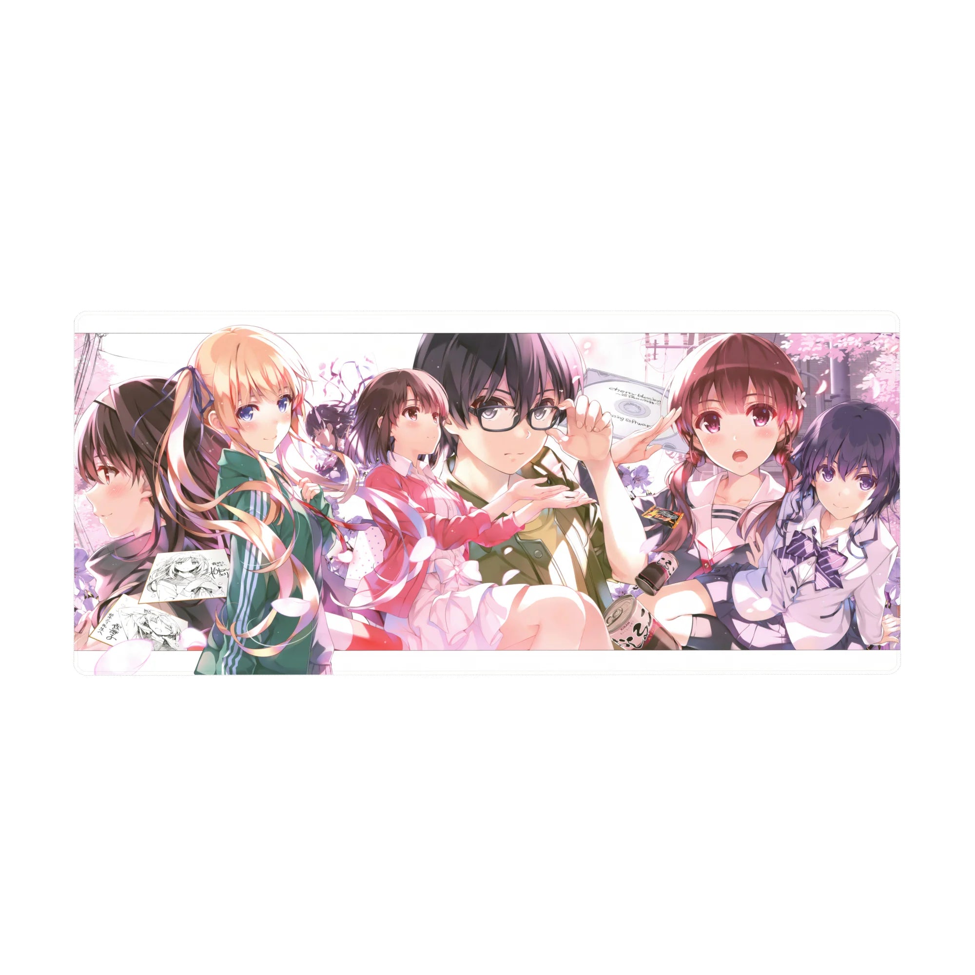 36x16 inches anime girl desk pad with campus scene, girl crew, glasses lead, petals, track and sailor outfits.
