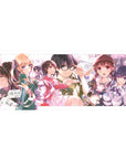 36x16 inches anime girl desk pad with campus scene, girl crew, glasses lead, petals, track and sailor outfits.