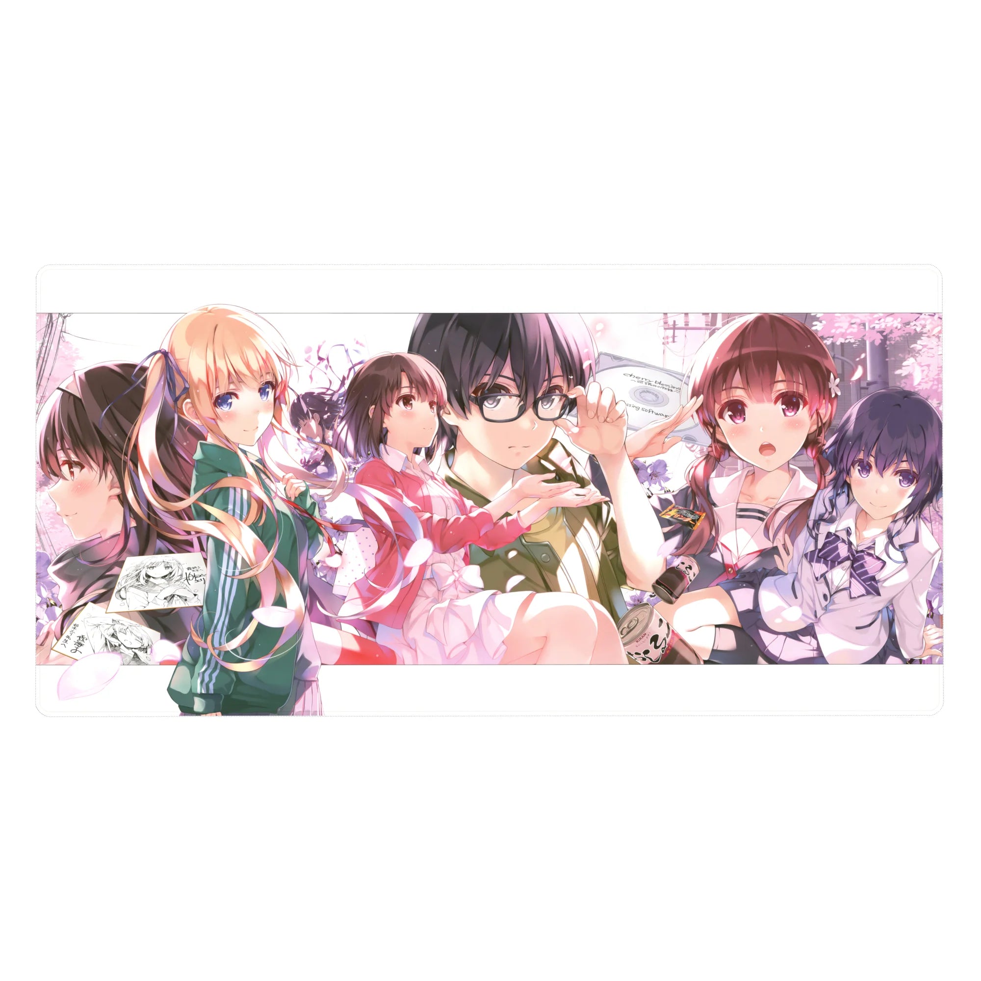 Anime girl desk pad 40x20 inches with campus scene, pink petals, schoolgirl crew, and track jacket details.