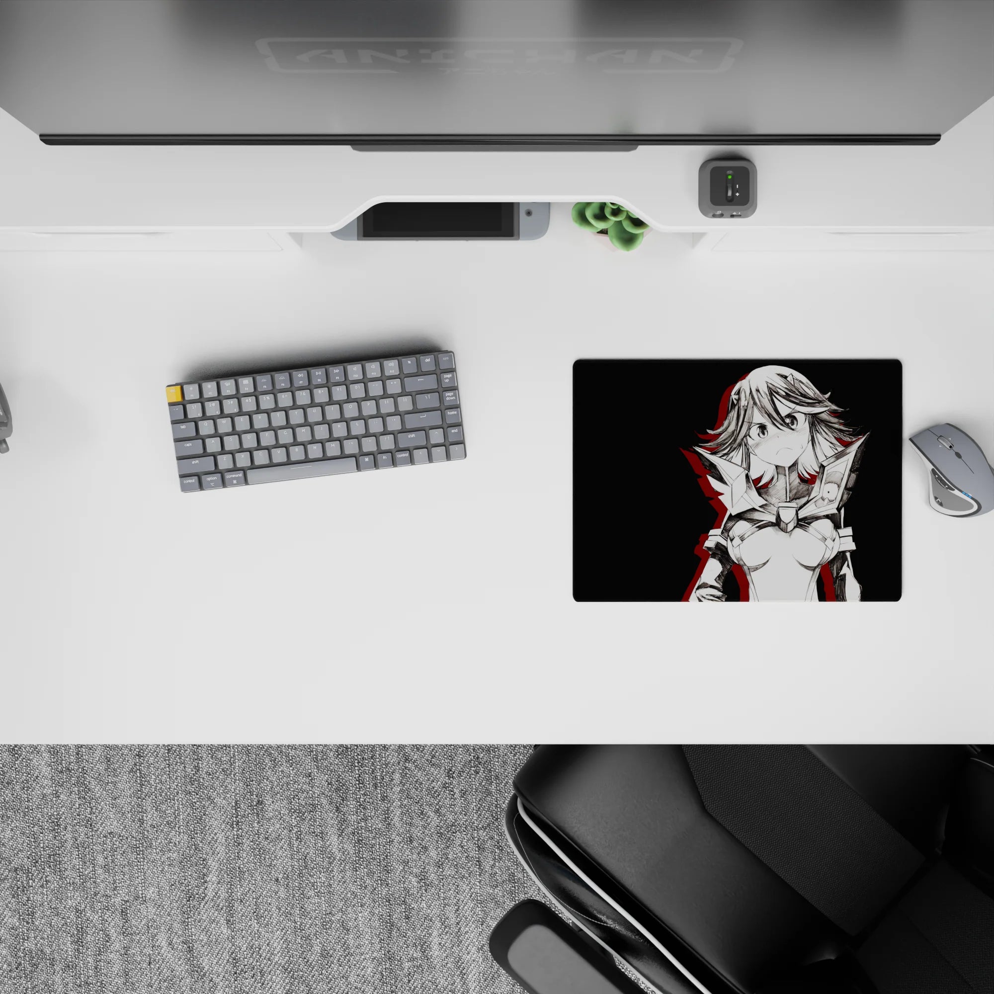 Feisty sci-fi anime mouse pad 14x10 inches in black-on-charcoal with bold red shadow slashes.