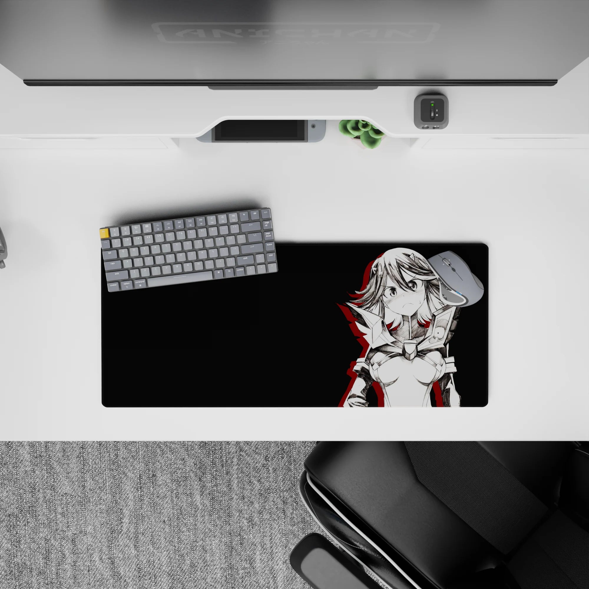 28x12 inches anime girl mouse pad in dark charcoal with bold red warning-flare shadows, edgy attitude.
