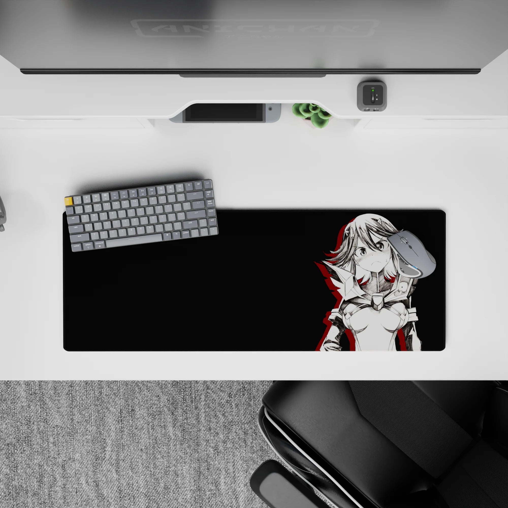 32x12 inches anime girl mouse pad in deep charcoal and black with bold red warning-flare shadows, edgy vibe.