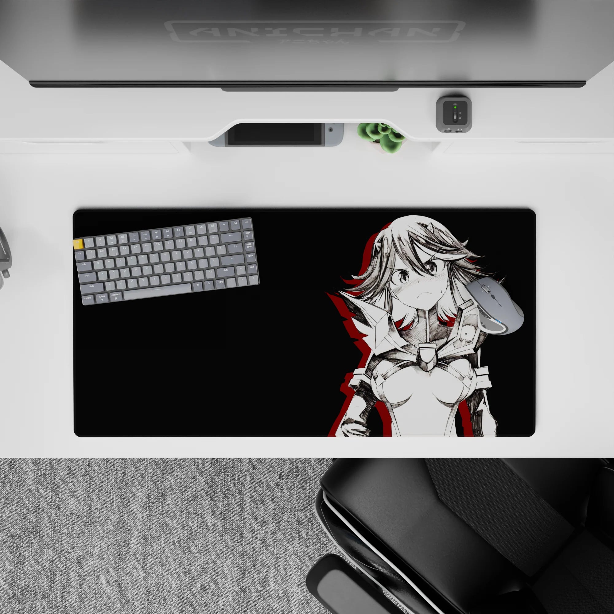 Charcoal and red anime girl mouse pad 32x16 inches with edgy attitude and warning-flare accents.
