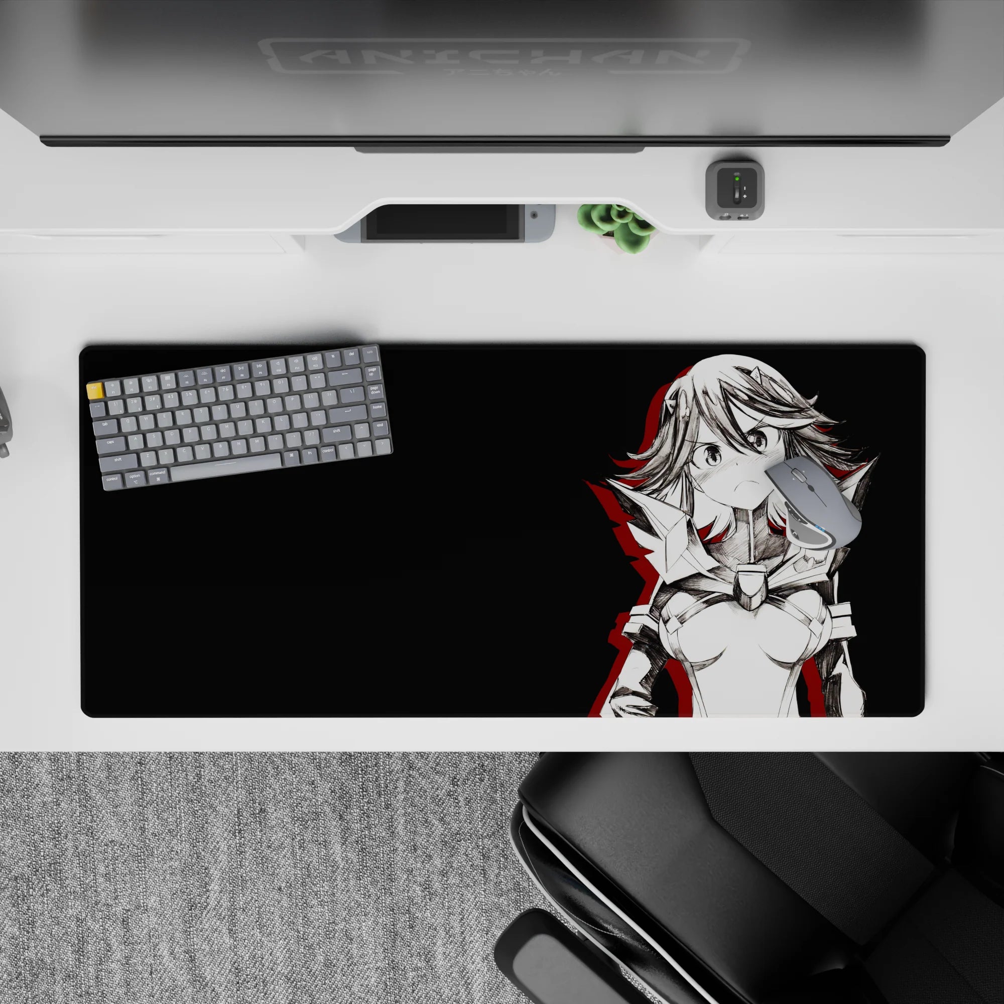 Red-accented anime girl desk pad 36x16 inches, moody charcoal background with bold warning-flare vibe.