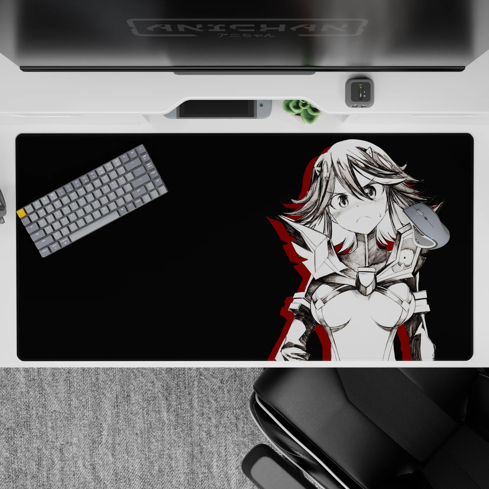 Charcoal and black anime desk pad 40x20 inches with bold red accents, edgy attitude, sleek look.