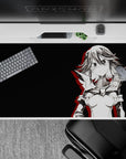 Charcoal and black anime desk pad 40x20 inches with bold red accents, edgy attitude, sleek look.