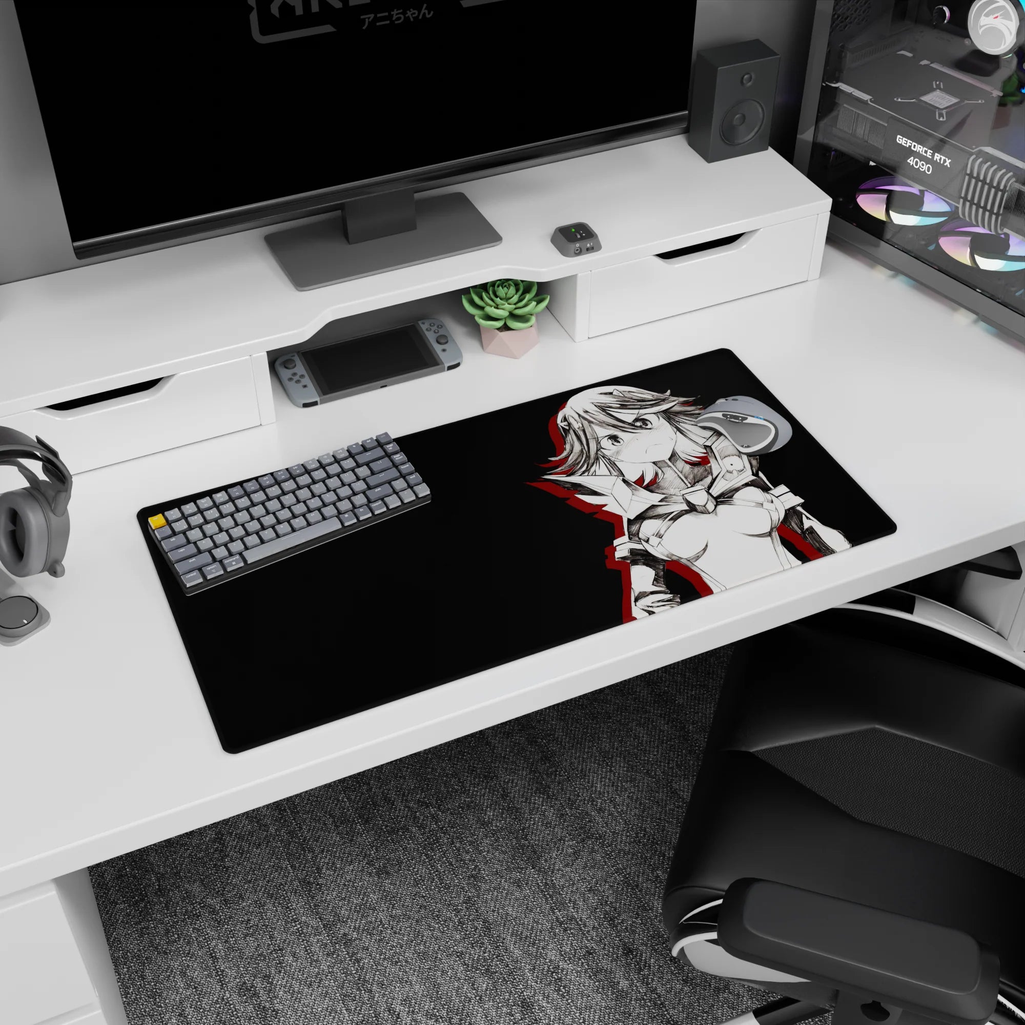 Blushing, unimpressed anime heroine in angular armor on a mouse pad 32x16 inches, staring you down.