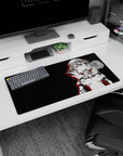 Blushing, unimpressed anime heroine in angular armor on a mouse pad 32x16 inches, staring you down.