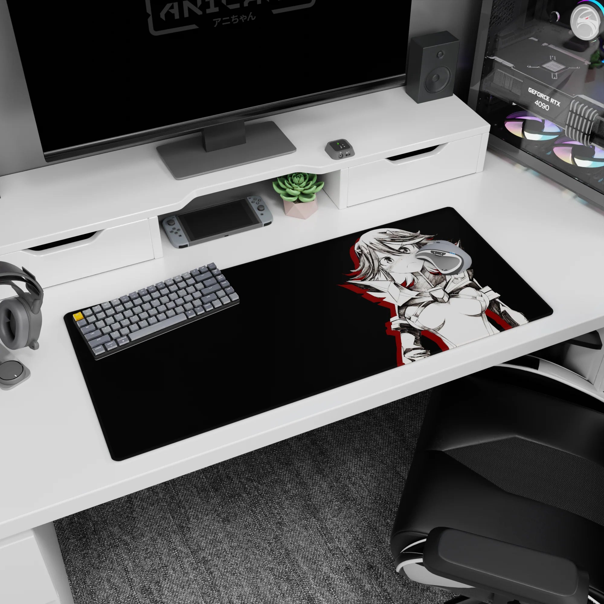 Blushing, unimpressed anime heroine in sleek armor on desk pad 36x16 inches, short wild hair and red slash.