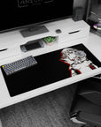Blushing, unimpressed anime heroine in sleek armor on desk pad 36x16 inches, short wild hair and red slash.