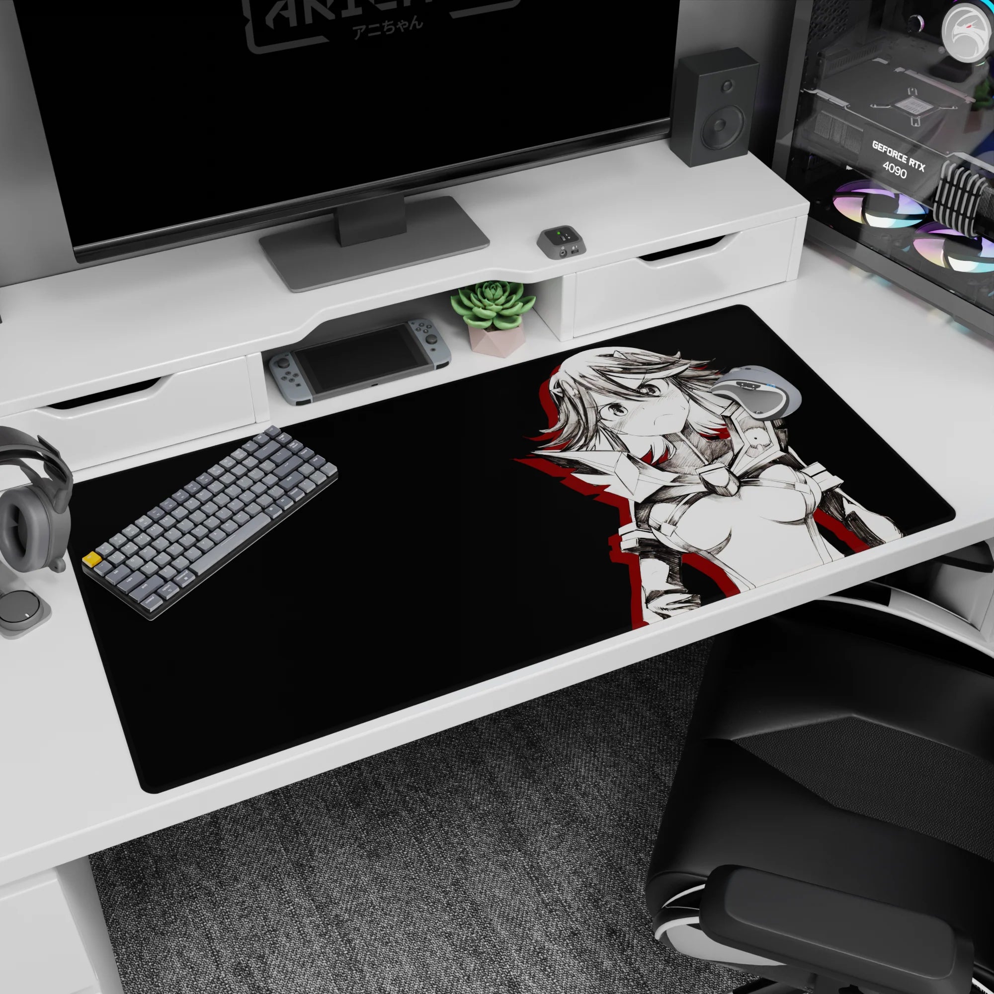 Feisty blushing anime heroine in angular armor on desk pad 40x20 inches, short wild hair, stare.