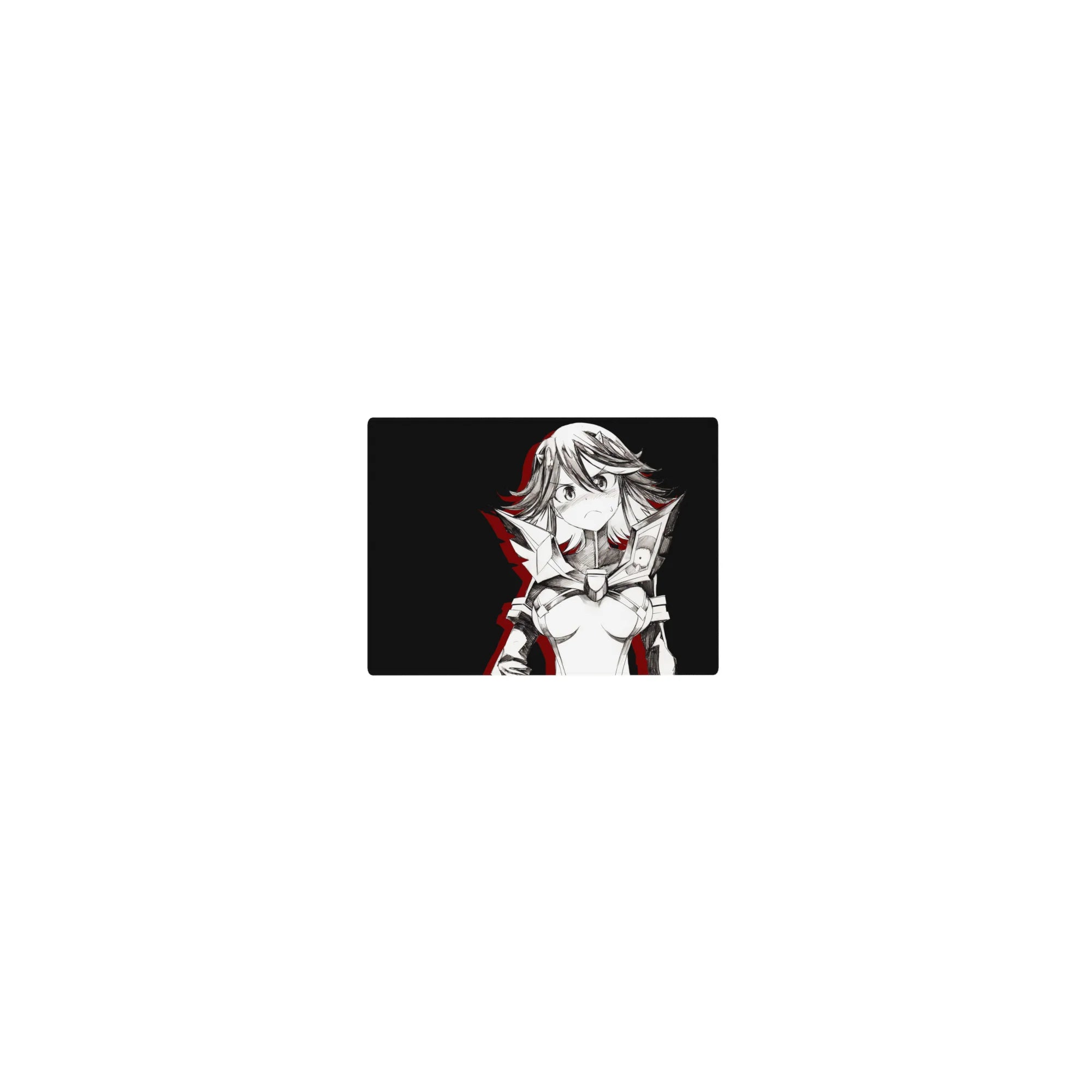 Classic anime girl mouse pad 14x10 inches with armored heroine line art, red accents, charcoal background.