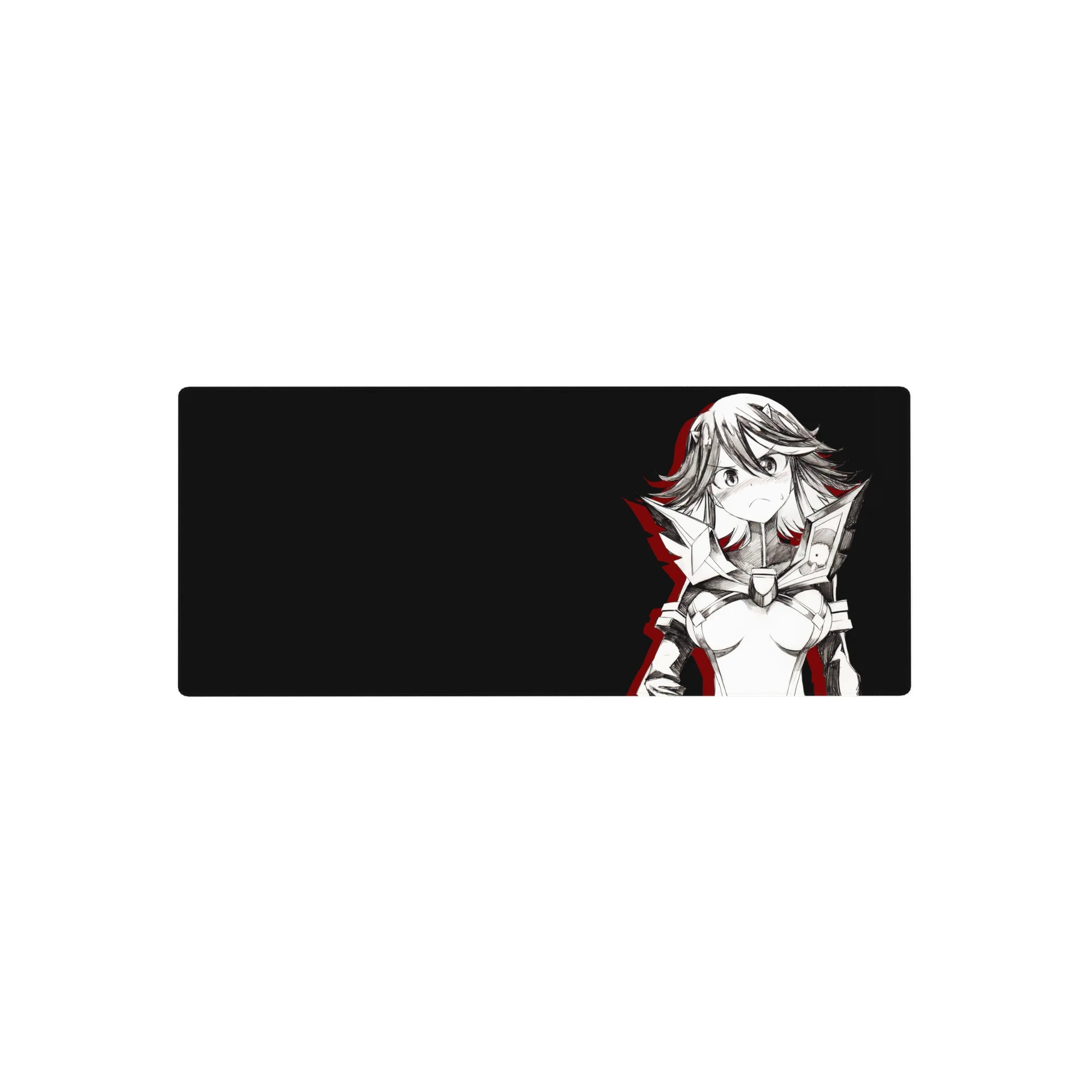 28x12 inches anime girl mouse pad with armored sci-fi heroine on charcoal, crisp line art and red accents.