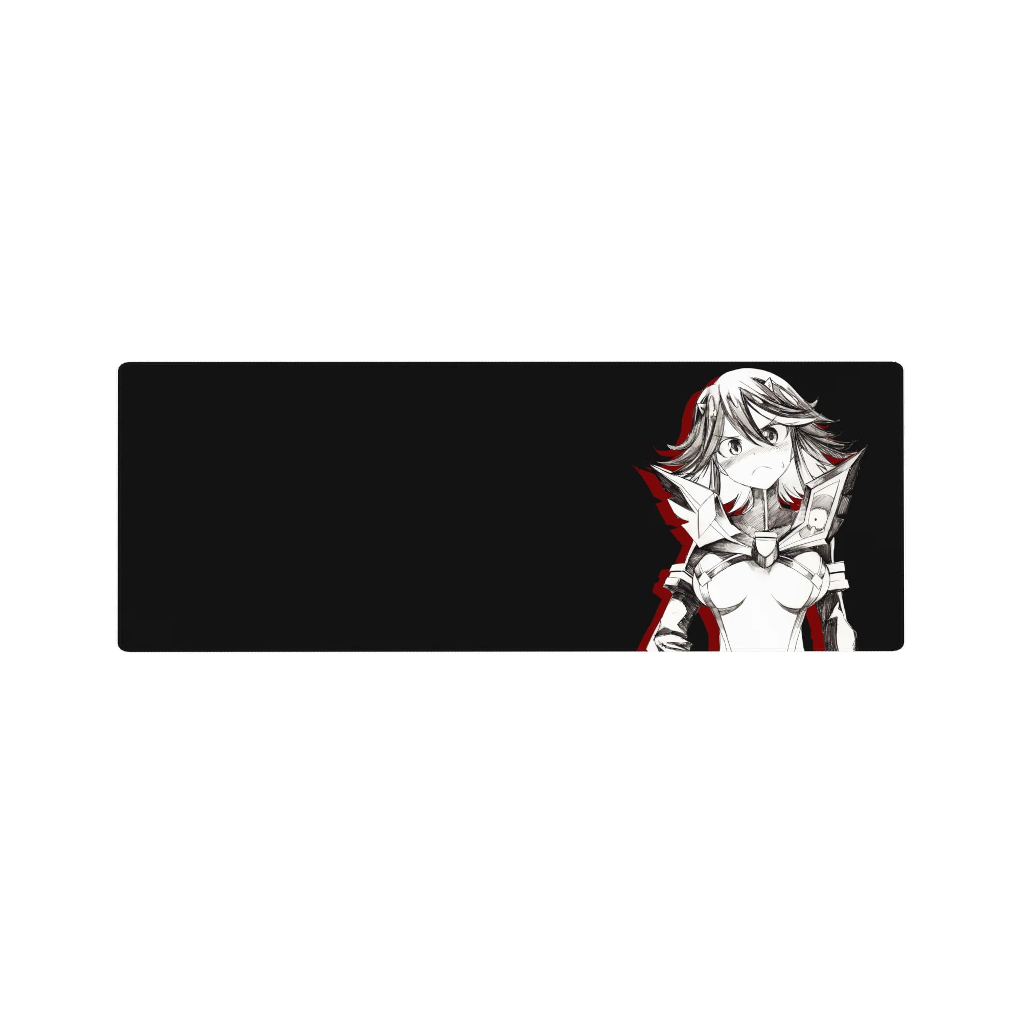 32x12 inches anime girl mouse pad with armored heroine line art, charcoal backdrop, red accent slashes.