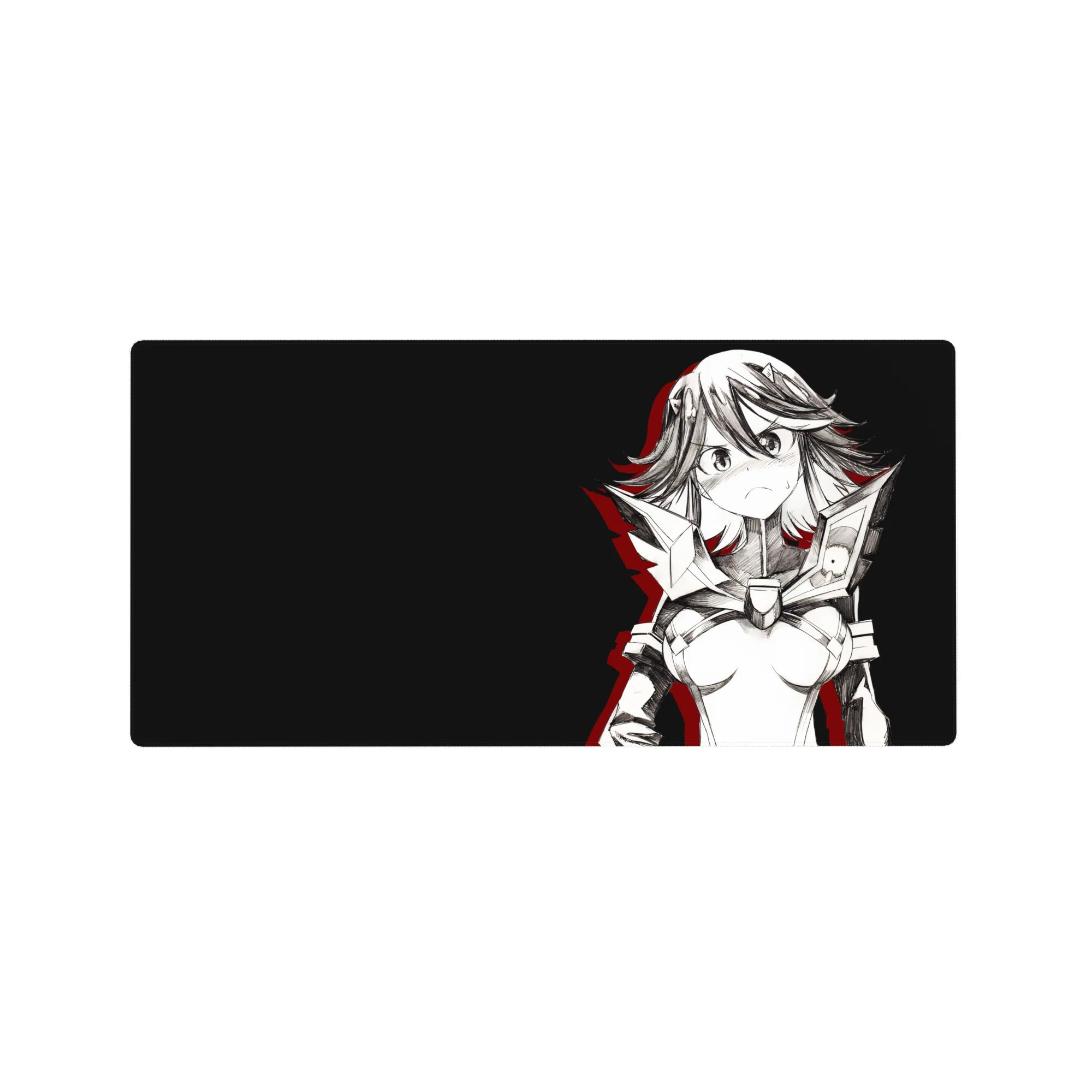 Anime girl mouse pad 32x16 inches with sharp line art, sci-fi armor, and minimalist layout.