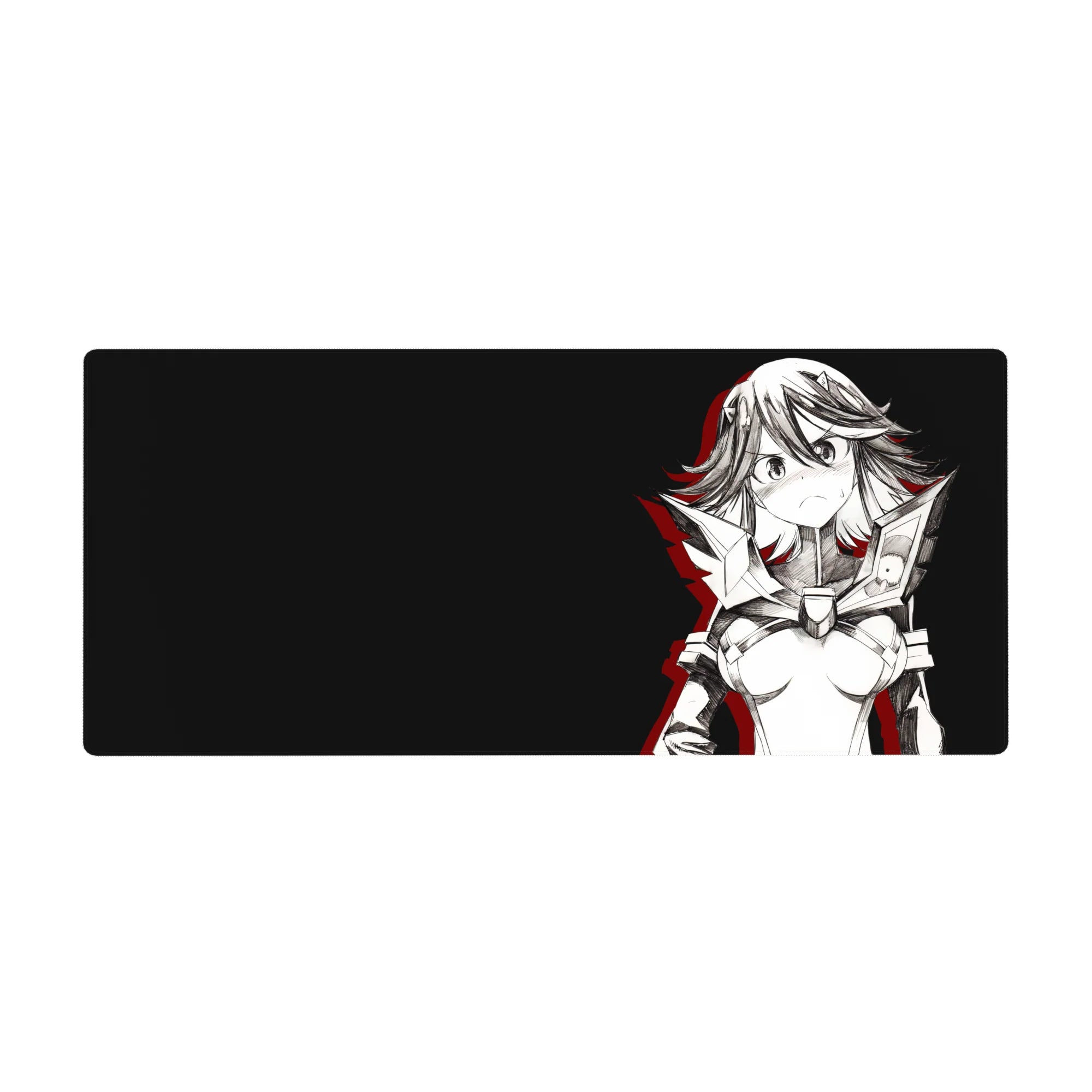 Anime girl desk pad 36x16 inches with sharp sci-fi heroine line art and armored outfit on charcoal.
