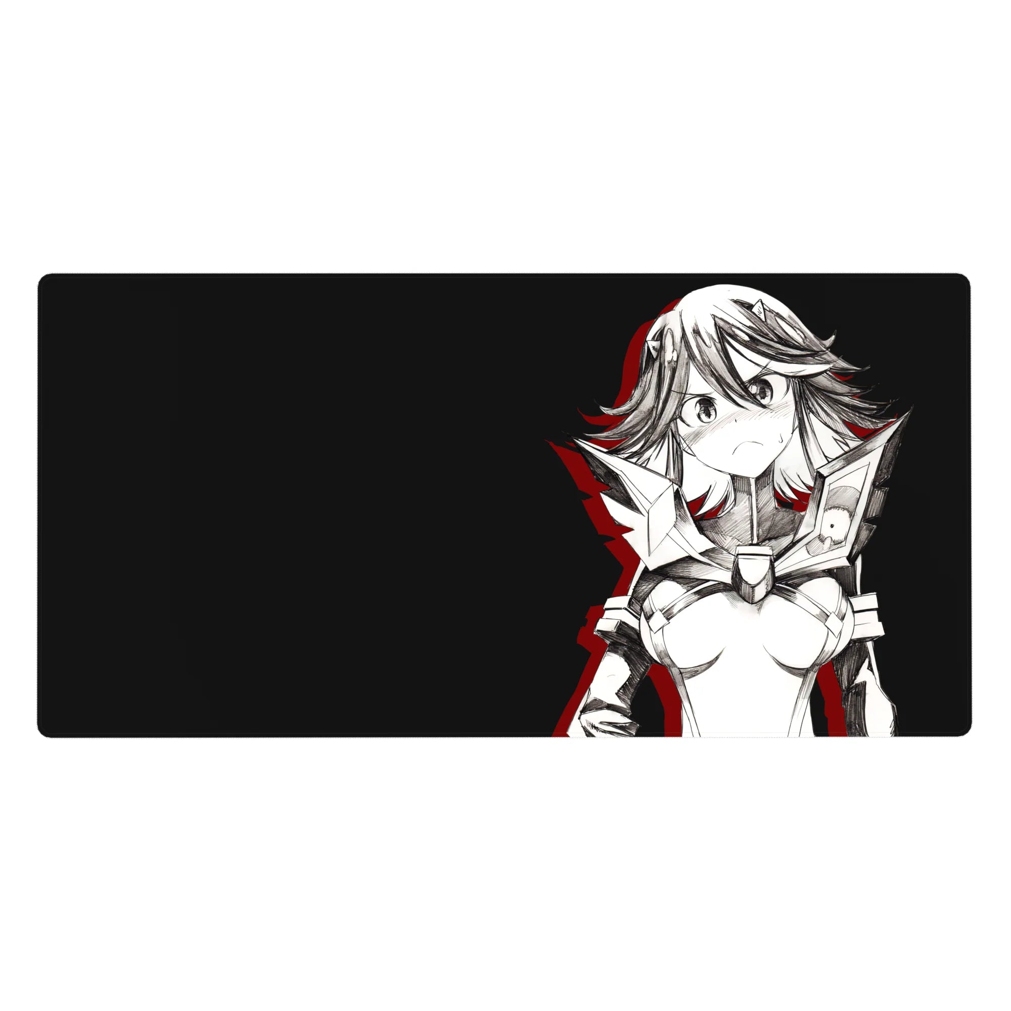 Anime girl desk pad 40x20 inches with sci-fi armor portrait, crisp line art, minimalist layout.