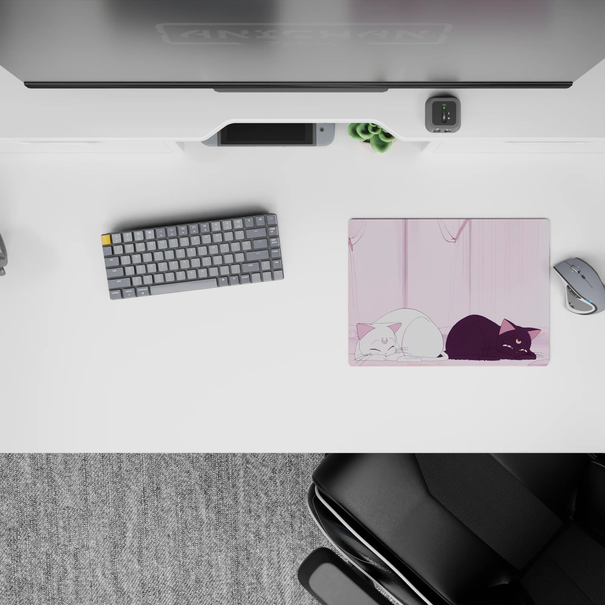 Pastel pink anime mouse pad 14x10 inches with dreamy, cozy morning light and gentle shading.