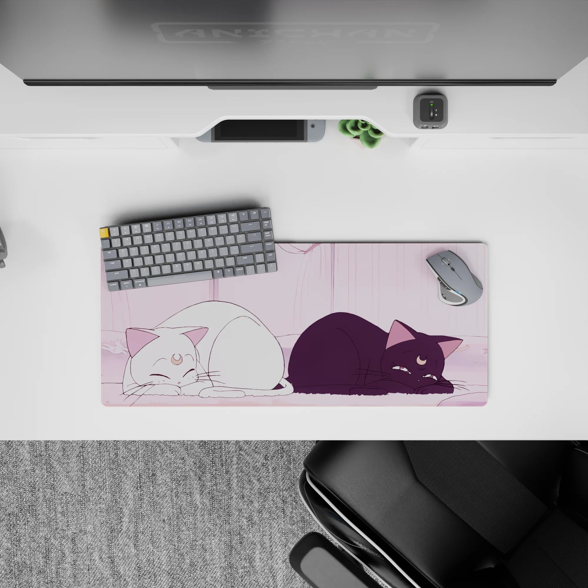 28x12 inches pastel pink anime mouse pad with calm cozy vibe, gentle shading, dreamy morning-light curtains.