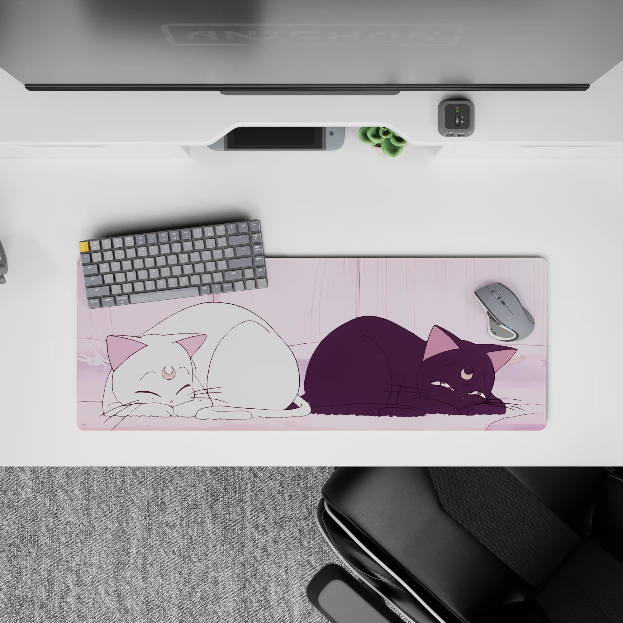 Pastel pink anime mouse pad 32x12 inches, calm cozy vibe with gentle shading and warm morning-light curtains.