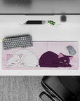 Pastel pink anime mouse pad 32x12 inches, calm cozy vibe with gentle shading and warm morning-light curtains.